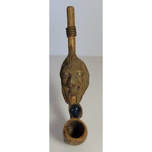 Handcarved Antique Figurative Wood Pipe with 2 stones